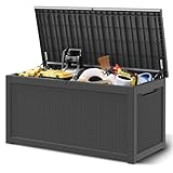 WTFGO 320 Gallon Outdoor Storage Box, Resin Deck Boxes Outdoor Waterproof For Patio Furniture, Garden Tools, Pool Supplies, Lockable And UV Resistant (Rattan Black)