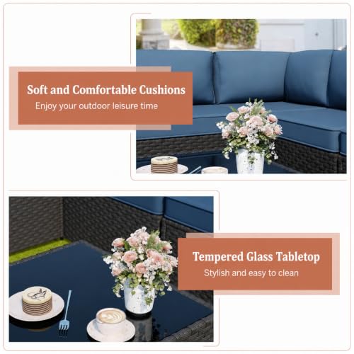 JAMFLY 5-Piece Patio Furniture Set, Outdoor Wicker Sectional Sofa with 4-Inch Thick Cushions & Coffee Table, All-Weather PE Rattan Conversation Set for Backyard, Garden, Poolside, Aegean Blue - Image 4