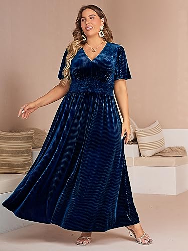 Image of Simplee Women's V Neck Velvet Maxi Dress Short Sleeve Empire Waist Long Formal Dress for Wedding Guest