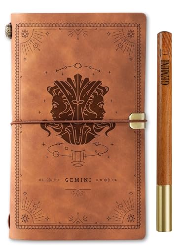 InnoBeta Gemini Zodiac Gifts for Women - Astrology Journal and Pen Set - Vintage Refillable Notebook Brown 7x5 Inches