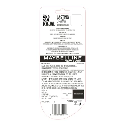 Image of Maybelline New York Colossal Lasting drama Kajal, 10 Midnight Black | 36H Wear, Waterproof, Smudge Proof Kajal