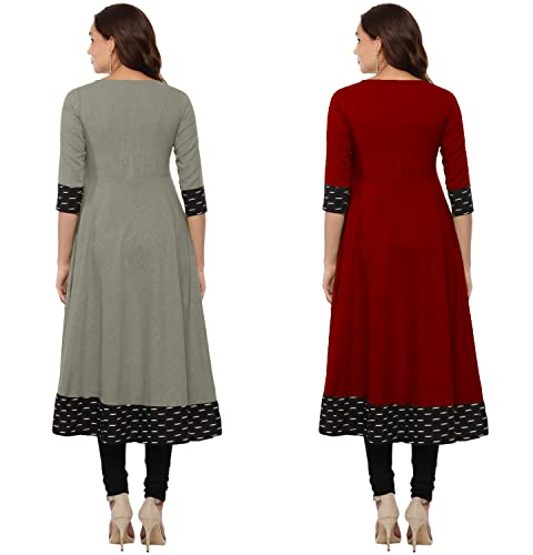 Image of NATEK Plain Cotton Officewear Anarkali Kurti Kurta for Ladies Girls - Combo Sets of 2 Grey, Maroon Colour Medium Size