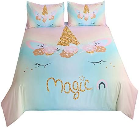 Suncloris,Magic Girls Flower Rainbow Unicorn,Kids' Gift Home Bedding Set.Included:Duvet Cover,Pillowcase(no Comforter Inside) (Queen)