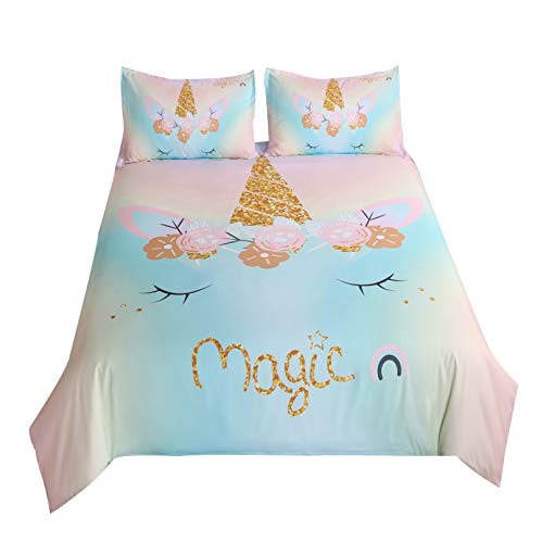 Suncloris,Magic Girls Flower Rainbow Unicorn,Kids' Gift Home Bedding Set.included:duvet Cover,Pillowcase(No Comforter Inside) (Queen) #TOP2