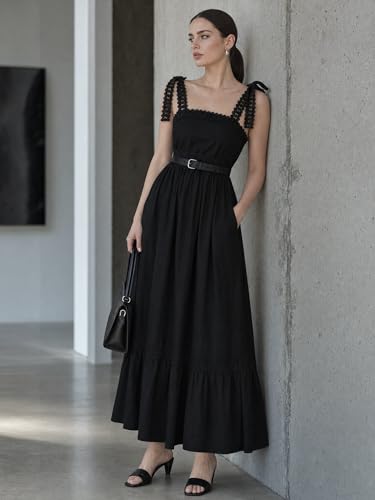 Image of Opemiby Womens Maxi Dress Spring Summer Sleeveless Lace Strap Empire Waist A Line Side Pockets Beach Casual Long Dresses