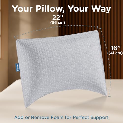Image of ComfyHug Sleeping Pillow, Shredded Memory Foam Adjustable Soft Pillow for Sleeping - 22 x 16 Inch, for Back & Side Sleepers - Relieves Neck & Shoulder Pain, Premium Washable Cover (Grey, Pack of 1)