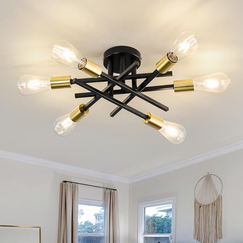 Image of ASGYISA 6-Lights Sputnik Semi Flush Mount Ceiling Light Fixture Modern Metal Black and Gold Chandeliers with E26 Bulb Base Close to Ceiling Light for Kitchen Dining Room Living Room Hallway Bedroom