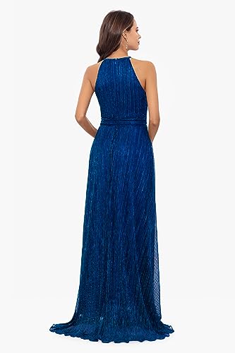 Image of Betsy & Adam Women's Long Metallic Sleeveless Halter Neck Wrap Overlay Gown, Royal, 4