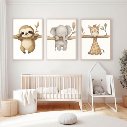 BeiYiHo 3 Poster Babyzimmer Beige Baby Tier Bilder Kinderzimmer Elefant Giraffen Faultier Kinder Wandbilder Jungen Zimmer Deko Leinwand 30x40cm ohne Rahmen