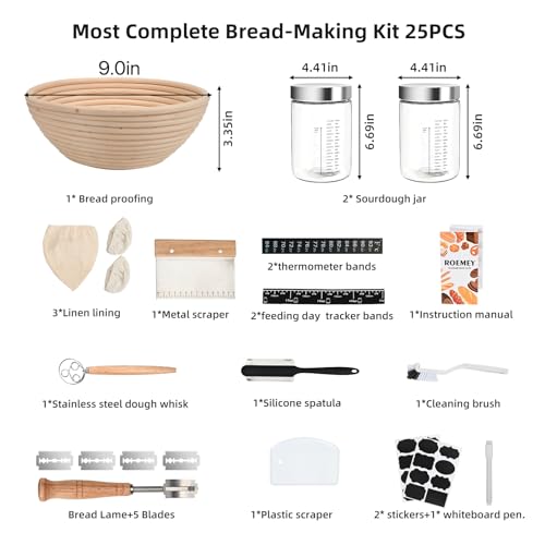 Roemey2 pack 1000ml Sourdough Starter Kit, Sourdough Starter Jar with 9 inch Round Bread Proofing Basket, for Bread Making Baking Fermentation