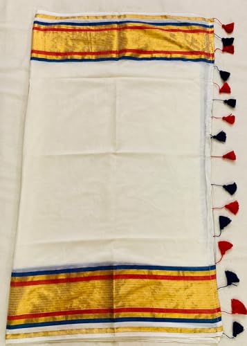 Image of Women's Mul Cotton Saree with Tassels | Soft Mulmul Saree | Woven Stripes & Zari Line | 5.5 Metres - Without Blouse