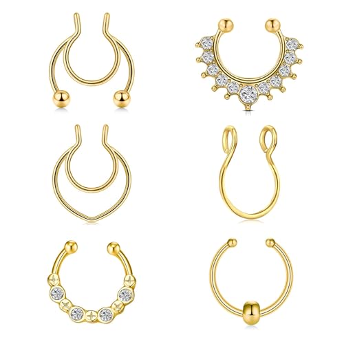 Moguri 6 piercings falsos de oro para la nariz, tabique falso, anillo falso, hélice oro, falso piercing para la nariz, piercing falso, anillo para septum, oro falso, L, Acero inoxidable