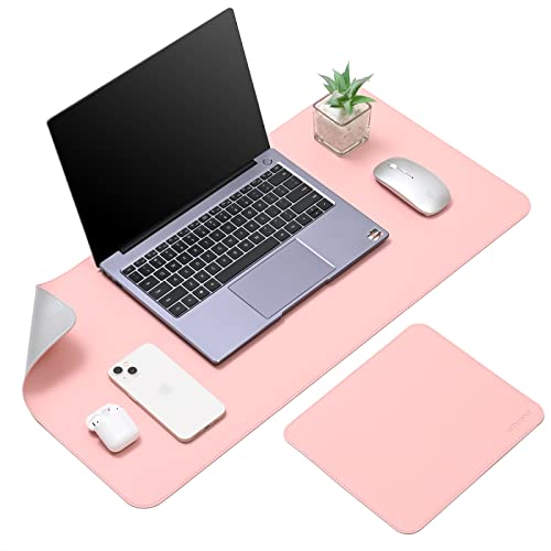 Image of Combo Pack - Aropana Vegan Leather Desk Mat Big with Mouse Pad Small, Reversible & Waterproof Edge-Stitched Upgraded (Pink /Silver 1*Big 31.5 inch x 15.7 inch inches, 1*Small 9.8 x 8.3 inches)