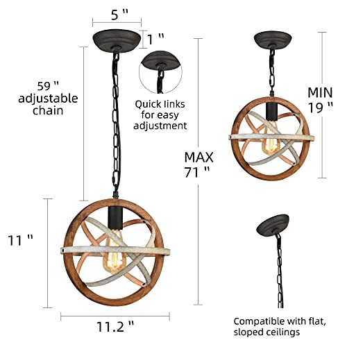 Dohomer Rustic Globe Pendant Light, Oak Wood Farmhouse Chandelier, Rustic Orb Chandelier, 1 Light Adjustable Hanging Light Fixture For Kitchen Island Living Dining Room Hallway Cafe Entryways #TOP1