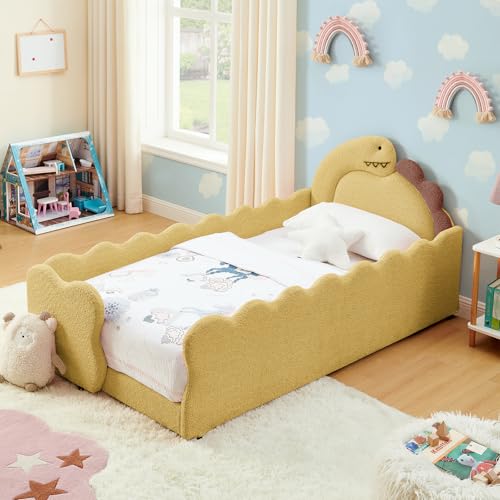 Image of Twin Size Kids Floor Bed Frame, Upholstered Montessori Platform Bed Cute Dinosaur-Shaped Daybed Frame for Girls Boys, No Box Spring Required, Yellow
