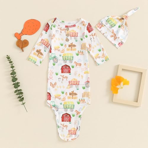BULINGNA Newborn Baby Boy Girl Knotted Gown with Hat Farm Chicken Nightgown with Mittens One Piece Pajamas for Baby3