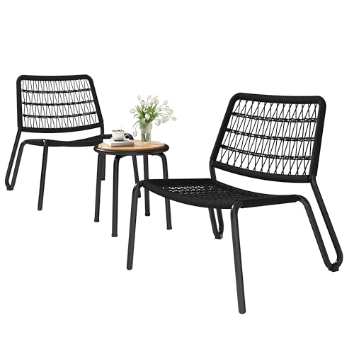 MOBETTRES Balkonmöbel-Set aus verzinktem Stahl, handgeflochtenes Seil, Tischplatte aus Massivholz, Stühle mit Einer Tragkraft von 160 kg, geeignet für Terrasse, Garten und Balkon, Beige (Schwarz)