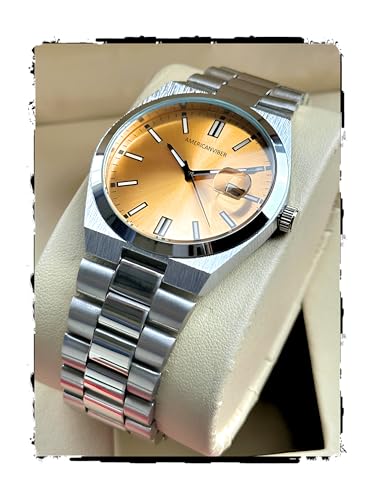 Image of AMERICANVIBER Men's Silver Stainless Steel Watch, Vibrant Green Sunburst Dial, Quartz Analog Movement, Date Display, Faceted Bezel for Men