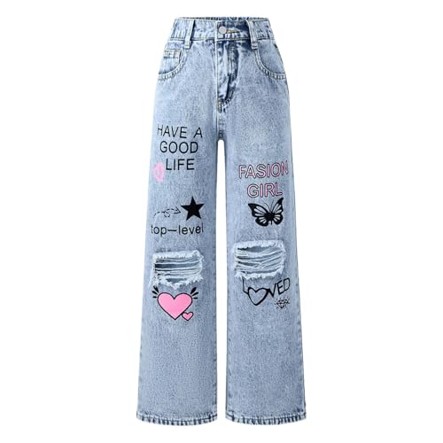 YiZYiF Girl's Trendy Bottoms Wide Leg Denim Pants Baggy Trousers Streetwear Elastic Waist Ripped Jeans Bootcut2