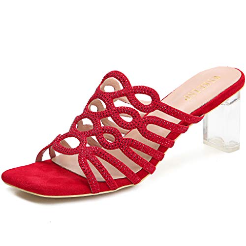 Women's Heeled Mules Sandals Hollow Suede Rhinestone Slip On Lucite Block Chunky Heels Slides Sqaure Open Toe Dress Fashion Dress Wedding High Heel Slippers Red Size US7.5 EU 38