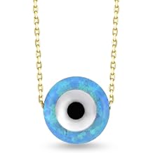 Dainty Opal Evil Eye Necklace for Women in 10K Solid Gold, 18 Inch Chain