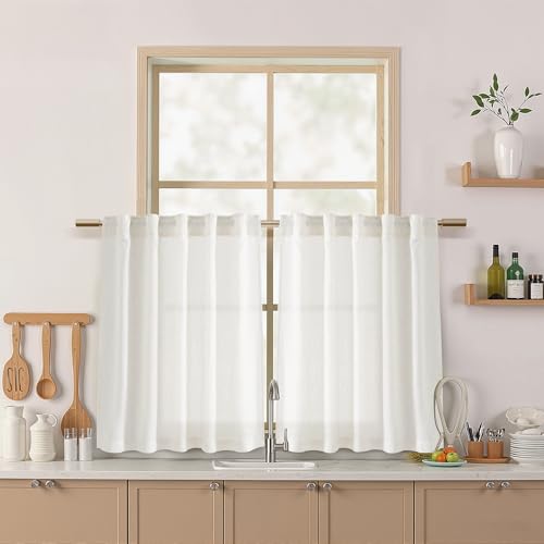 Image of Nanspring 24 Inch Linen Curtains for Kitchen Beige White Small Window Semi Sheer Curtains Back Tab and Rod Pocket Light Filtering Drapes for Basement Short Cafe Curtain, 36 x 24 Inch,2 Panels