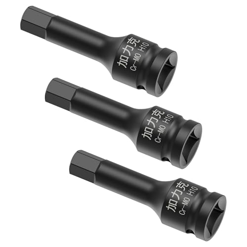 Image of 3PCS 3 /8 inch Square Drive H10(10mm) Impact Hex Bit Socket, 60mm(2.36 inch) Length, Hex Driver, Impact Grade, One-Piece Construction, 3 /8 inch Drive Allen Bit Socket, Cr-Mo Steel, Black