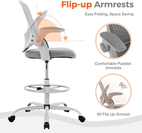 Sweetcrispy Drafting Home Desk Wheels, Tall Office Stool Adjustable Foot Ring, Flip Up Arms,Swivel Rolling Chair Lumbar Support, Grey, 19.3" D X 19.3" W X 41.3" H #TOP4
