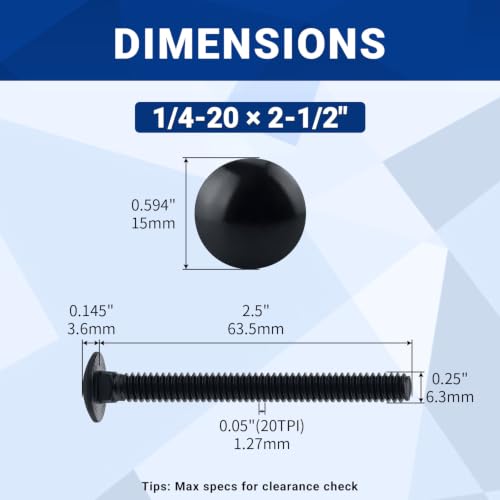 Image of 1 /4-20 x 2-1 /2 inch Black Carriage Bolts with Nuts and Washers Kits (10 Sets), 304 Stainless Steel 18 /8, Black Finish, Round Head, Square Neck, Heavy Duty Bolts, Indoor Outdoor Fastening Bolts, Fayeploo