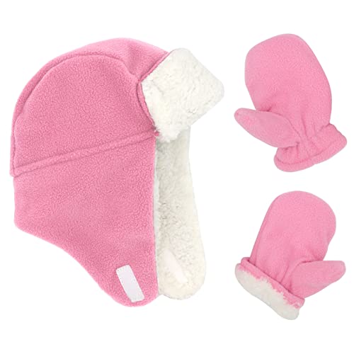 Image of Baby Winter Hat Mittens Toddler Hats for Boys Girls Sherpa Lined Toddler Gloves Infant Baby Hat and Mitten Set, Pink Toddler, 4-7 Years