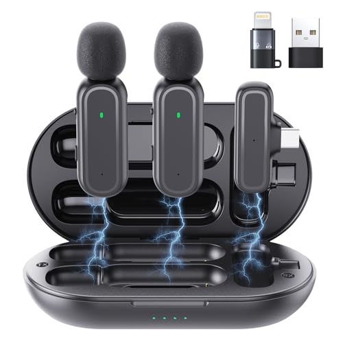 2 Pack Wireless Lavalier Microphone for iPhone iPad Android PC with Charging Case, Noise Reduction Clip On Lapel Mic for Video Recording, Vlogging, YouTube, Interview, Live Streaming