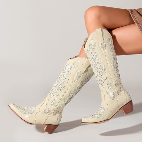 Image of LingxiaUne White Cowboy Boots for Women, Cowgirl Boots Comfortable Chunky Heel Rhinestone Wedding Boots Trendy Vintage Tall Glitter Boots with Embroidery for Daily Wearing| Party Size8