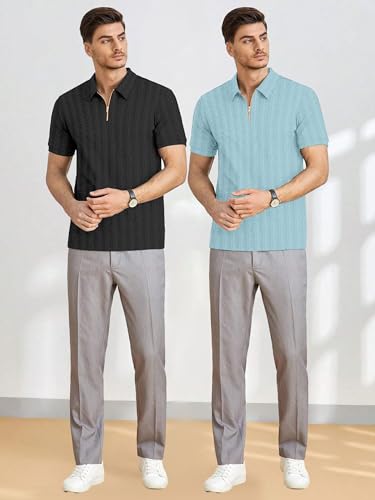 Image of COMBRAIDED Men's Polo Neck Textured Polycotton Short Sleeve T-Shirt - Casual Regular Fit for Daily Comfort & Style