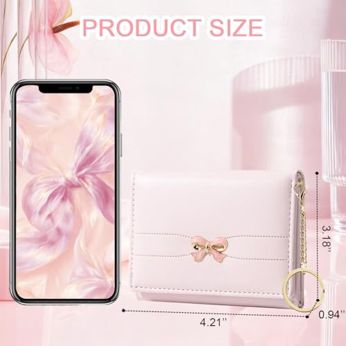 Image of Sunwel Fashion Cute Coquette Bow Wallet with Key-chain Aesthetic Card Holder ID Window for Women Girls (392PINK)