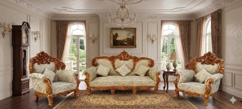 Image of Wooden 5 Seater Sofa Set | 3+1+1 Solid Wood Heavy Hand-Carved Sofa | Traditional Design Furniture for Living Room, Home | Office