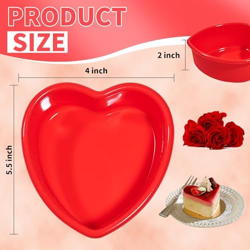 Mini Heart Cake Pan, 4 Inch Silicone Mold 2 Pack Nonstick Shaped for Valentine's Day Anniversary Birthday Cake Snack Tart Muffin Cupcake Cheesecake Baking - Red