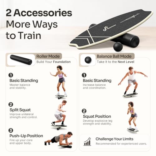 Image of Sportneer Balance Board - 7 Modes Wobble Board with Adjustable Stoppers - Exercise Balancing Stability Trainer for Improve Balance, Surf Trainer & Physical Therapy - Roller and 2.8'' Ball Included