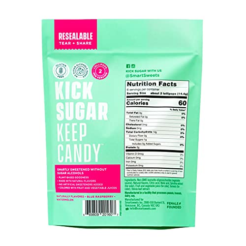 image for SmartSweets Lollipops, Blue Raspberry & Watermelon, Hard Candy with Lo