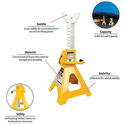 Performance Tool W41022 Ratchet Style Jack Stand Set For Lifting Vehicles During Maintenance, Yellow, 3-Ton #TOP4