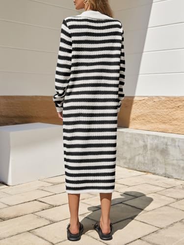 Image of Saodimallsu Womens Striped Midi Sweater Dress V Neck Collared Long Sleeve Button Down Loose Knit Duster Cardigan