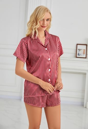 Image of Satin Pajamas for Women, Notch Neck PJ Adjustable Drawstring Shorts | Silky pajama set for women with a lightweight drape. Breathable feel, stays soft after wash