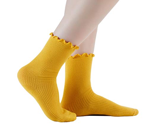 SEMOHOLLI Women Ankle Socks, Ruffle Turn-Cuff Ankle Casual Socks solid color relent socks for Women (3 Pairs-Yellow)