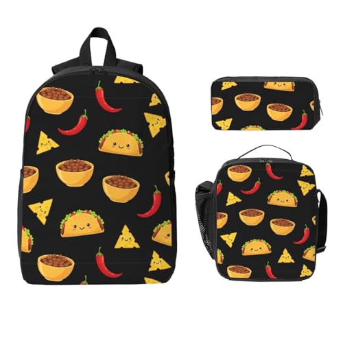 Anti-Theft 17-inch Backpack Combo with Thermal Lunch Tote & Organizer Pouch for Commuters, Gym, Outdoor (3-Piece Waterproof Set, Taco Tuesday Party)2