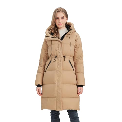 Women’s Thick Long Goose Down Coat Hooded Warm Winter Down Puffer Parka Jacket with Knee-Length Coverage