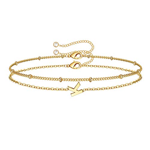 Image of M MOOHAM Valentines Day Gifts for Her Women - Layered Initial Bracelets Gift Letter A-Z Charm, Dainty 14K Gold Plated Initial Bracelets for Women Teen Girls Birthday Jewelry Gifts