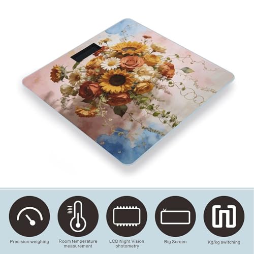 Báscula digital de baño Boho Floral con pantalla LCD grande miniatura 3