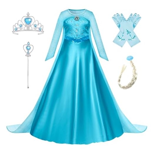 New front Niñas Vestido de Princesa Elsa Elegante Disfraz de Reina Frozen Festivo y Accesorios Corona,Vara,Trenza,Guantes Chica Cosplay Traje de Fiesta Carnaval Navidad Boda(2-10 Años,Azul,110-150cm)