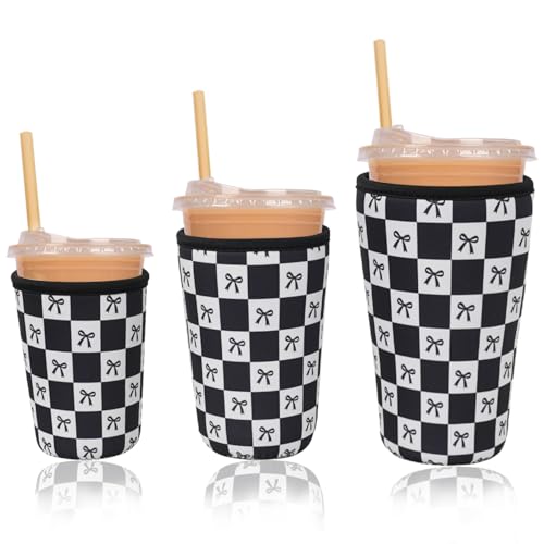 Image of Reusable Insulated Neoprene Iced Coffee Cup Sleeve, Durable Drink Sleeve for Cold Beverages, Beverage Holder for Iced Coffee, Black Checkered Bows