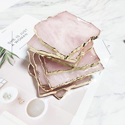 Rose Quartz Decor Coaster Natural Pink Crystal Coasters Gold Edge Set of 4 (Square 3.5-4)