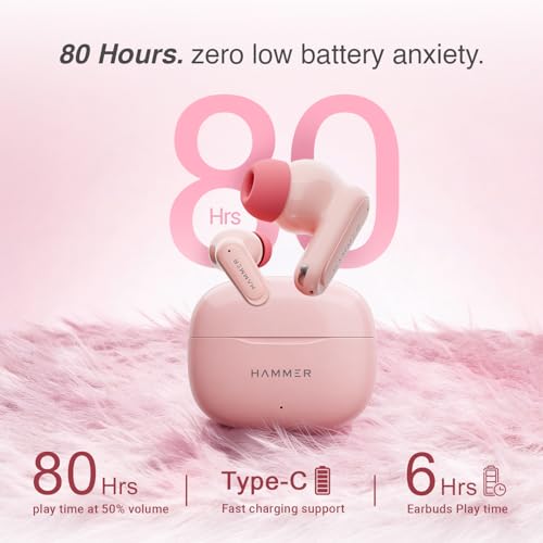Image of HAMMER Airflow Neo Bubblegum Earbuds with 80H Playtime, 13mm Titanium Driver, 40ms Gaming Mode, Fast Charging Buds, Type-C Charging, Voice Assistant, Lightweight Dual-Tone Design (Pink)